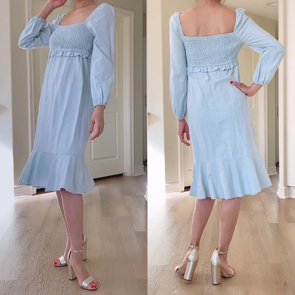 7 For All Mankind Baby Blue Linen Cotton Blend Long-sleeve Dress - Picture 1 of 6
